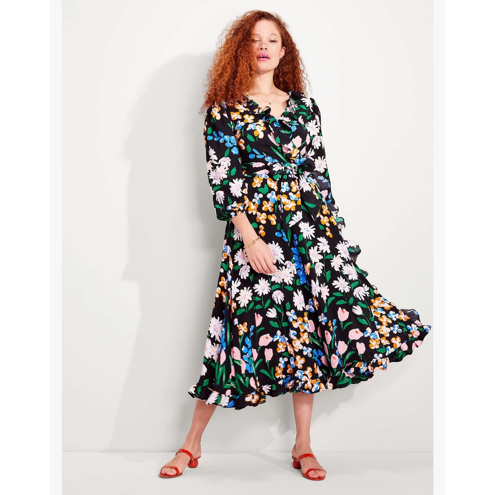Kate Spade New York $398 Meadow Floral Ruffle Wrap Midi Dress Black Multi XS